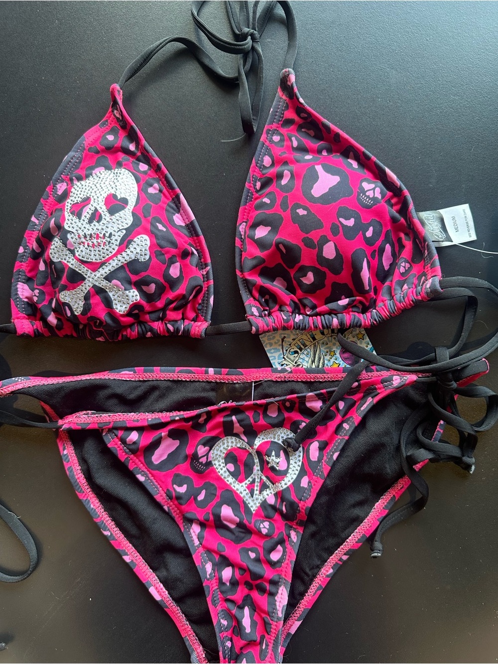 Sinful Hot Pink Leopard Print Bikini with Rhinestone Skull